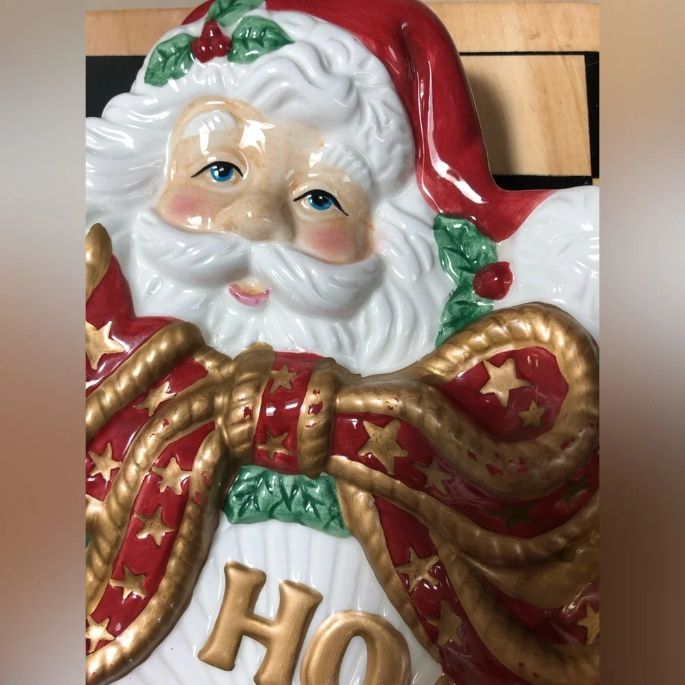 Fitz and Floyd Essentials Santa with Wreath Canape Plate Ceramic Ho! Ho! Ho!